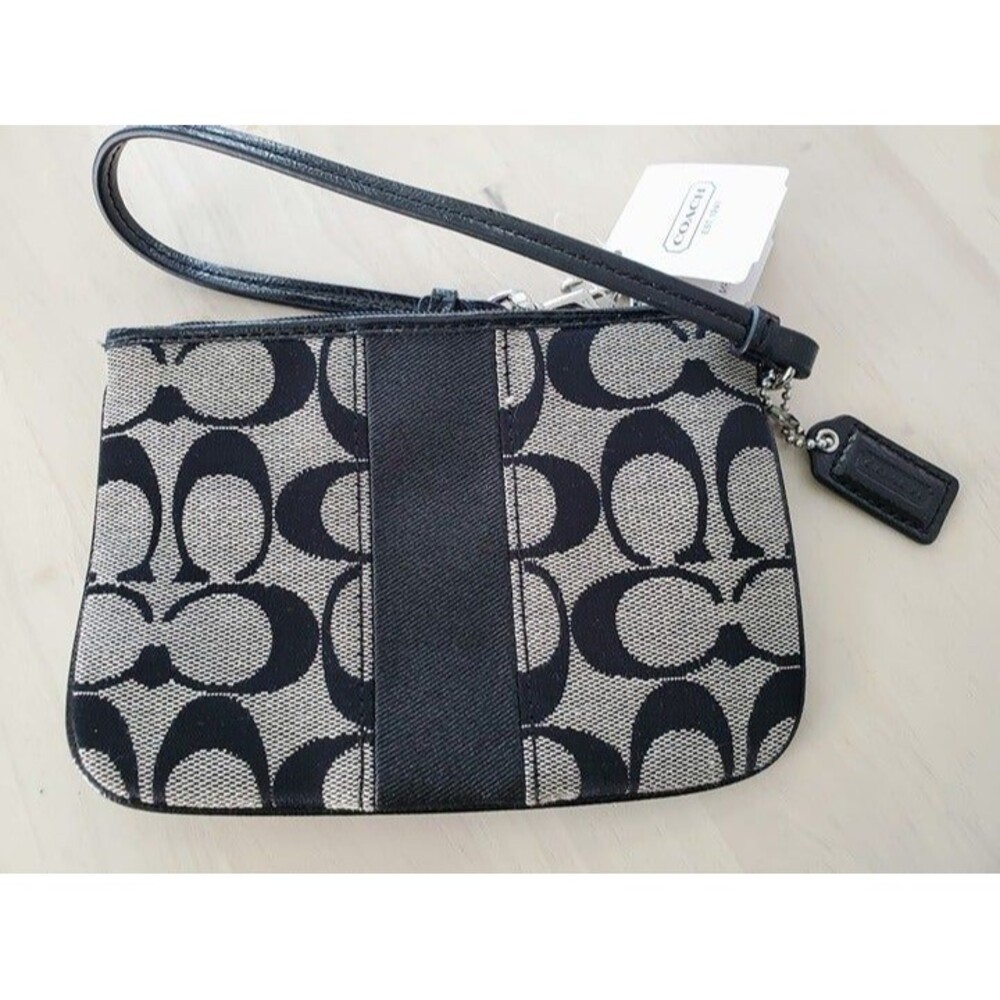 Coach Signature PVC Leather Corner Zip Wristlet - Black w/ Black Stripe New w Ta